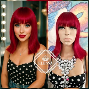 Charming Medium Straight Bob Hairstyle Intesive Red Color Wig with Bangs, Wigs, Red Bob Wigs, Sexy Red Wig, Wig with Bangs,Scene Fashion Wig