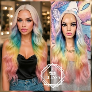 Lovely Long Casually Wavy Style Lace Front Wig Cute Fairytale Gradient - Blonde #613/ Rainbow, Show  Rave, Drag Queen, Mermaid Princess Wig