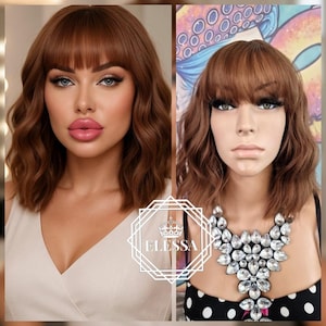Charming Medium Wavy Bob Hairstyle Natural Light Brown Color with Bangs, Wigs, Cute Medium Brown Wig, Wig for Everyday Wear, Scene Wig