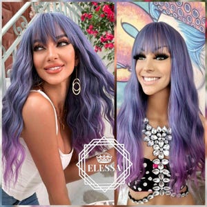 Fabulously Beautiful Long Wavy Hairstyle Ombre - Pastel Blue and Purple Mixed Color Wig with Bangs, Wigs, Mermaid Wig, Scene Wig,Fashion Wig