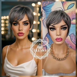 Cusual Short Dark Grey Color Wig with Bangs, Wigs, Dark Grey Wigs, Unisex Wig, Wig for Women, Wig for Men, Natural Wig, Synthetic Fiber
