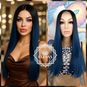 Lace Front LUXURY Long Straight Ombre - Black Root and Deep Dark Blue Color Wig, Wigs, Wigs, Mermaid, Pastel, Lolita, Fairy, Gothic, Fairy