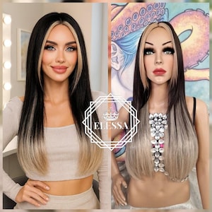 Amazing Long Straight Ombre - Dark Brown and Natural Blonde Color Wig with Curtain Bangs, Wigs, Ombre Long Wig, Scene Wig, Brown Natural Wig