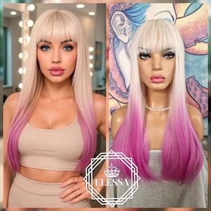 Charming & Seductive Long Straight Wig with Gradient Effect – Soft Vanilla Blonde / Milky Sweet Pink Color with Bangs, Everyday Wig, Fantasy