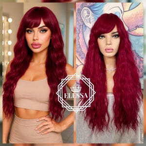Luxurious Designer Boutique Long Wavy Wig – Extra Volume Retro Style with Soft Bangs, in a Stunning Raspberry Red Shade. vintage charm wig