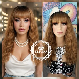 Medium Wavy French Haircut Ombre - Black Root and Dark Blonde Color Wig with Bangs, Wigs, Natural Wig, Chemo Wig, Wig for Everyday Wear