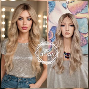 Einzigartige berühmte Frisur lange Spitze-Front LUXUS Balayage - natürliche braune Wurzel und natürliche blonde / hellblonde Mischfarbe Perücke, erstaunliche Perücke
