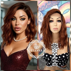 Lace Front LUXURY Medium Ombre Natural Copper Brown Mix and Root Black Wig with Bangs, Wigs, Wavy Beach Hairstyle Ombre Wigs, Styled Wigs