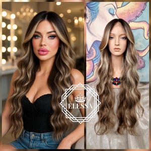 Incredible Long Curly Sexy Lace Front LUXURY Balayage - Dark Brown / Light Brown / Natural Blonde / Light Blonde Mix Wig with Curtain Bangs