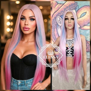 Super mignon lacet de luxe longue ligne droite 100 cm Dégradé de rose / rose bonbon / violet pastel / bleu mélange de couleurs, perruques, perruque de princesse de poupée de fée