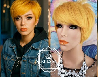 Short Bright Yellow Color Wig with Bangs, Wigs, Emo, Scene , Kawaii, Cosplay, Wigs for Women, Wigs for Men, Cosplay, Gothic, Punk, Harajuku