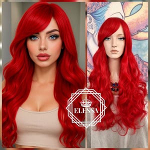Fantastic Long Cute Curly Hairstyle Bright Fire Red Color Wig with Bangs, Cosplay Wig, Fiery Girl Red Color Wig, Emo Wig, Mermaid Ariel Wig