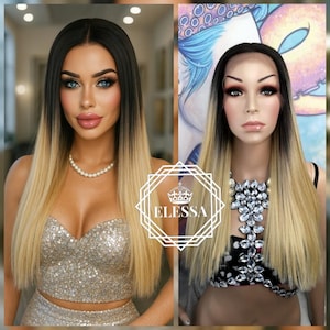 Lace Front LUXURY Long Straight Ombre Dark Brown almost Black Root and Light Blonde Mixed Color Wig, Wigs, Daily Fashion Blonde Wig