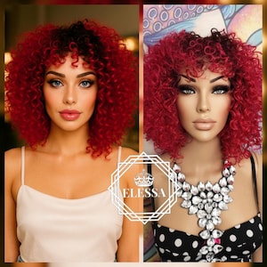 Medium Curly / Kinky Mixed - Black / Dark Fuchsia Pink Wig with Bangs, Wigs, Pink Curly Wig, Ombre Kinky Wig, Retro Curly Hairstyle Wig