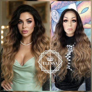 Lace Front LUXURY Extra Long Ombre - Dark Natural Brown and Sand Blonde Mixed Color Curly Wig, Wigs, Daily Fashion Wigs, Human Hair Look Wig