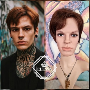 May include: A side-by-side image featuring a person and a mannequin, both with auburn hair. The person on the left has tattoos and piercings. The mannequin on the right wears a necklace. The image includes the "ELESSA" logo.
