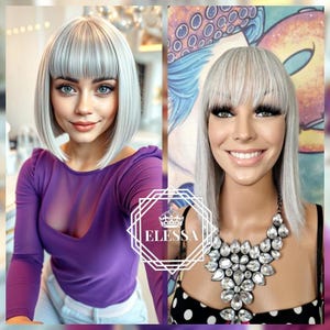 Super Cute Medium Straight Bob Hairstyle Mixed - Light Grey / Dark Grey Color Wig with Bangs, Wigs, Grey Medium Wig, Pastel Wig, Fashion Wig