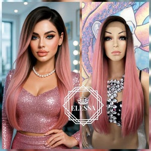 Lace Front LUXURY Long Straight Ombre Ash Pink Mix and Root Natural Dark Brown, Sexy Pink Wig, Natural Wig, Mermaid, Pastel Wig,Fashion Girl