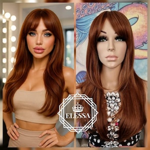 Beautiful Long Light Copper Brown and Golden Blonde Mix Color Wig with Bangs, Wigs, Chemo Wig, Natural Wig, Light Brown Wig, Scene Wig