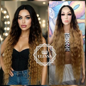Lace Front LUXURY Extra Long Wavy Hairstyle Ombre - Dark Natural Brown Root and Golden Sand Blonde Mixed Color Wig, Wigs, Everyday Wigs