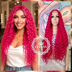 Beautiful Lace Front LUXURY Long Ariel / Wavy Hairstyle Fuchsia / Pink Color Wig, Wigs, Fairy Wig, Kawaii , Cosplay Wig, Mermaid Ariel Wig