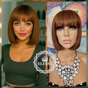 Medium Straight Bob Hairstyle Light Brown Color Wig with Bangs, Wigs, Brown Wigs, Natural Wig, Brown Bob Wig,Wigs for Women Wig for Everyday