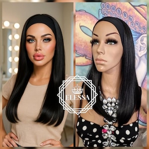 Natural Look  Medium French Line Straight Intensive Black Color Wig with Headband Comfortable Everyday Wear Style, Heat Styling Capable Wig