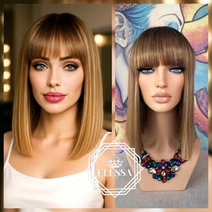 Medium Ombre Bob Style Wig - French Hairstyle Ombre -  Dark Brown / Golden Blonde / Dark Blonde MIX, Wig for Everyday Wear, Wig with Bangs