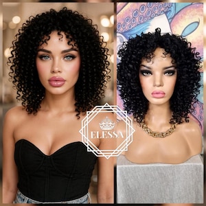 Medium Curly / Kinky Hairstyle Natural Black Color Wig with Bangs, Wigs, Cat Walk Performance Wig, Sexy Black Wig, Natural Wig, Charming Wig