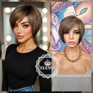 Amazing Chic Retro Short Bob Haircut Natural Brown / Light Brown / Light Blonde Mixed Color Wig with Bangs, Wigs,Natural Wig,Retro Style Wig