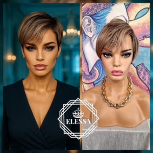 Elegant Short Straight Ombre - Light Brown / Natural Blonde Color Wig with Side Bangs, Wigs, Short Ombre Wig, Fashion Short Ombre Pixie Wig