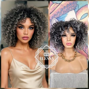 Super Cute Medium Curly / Kinky Ombre - Black and Light Grey Mixed Color Afro Wig with Bangs, Wigs, Ombre Curly Wig, Natural Performance Wig