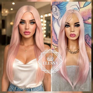 Unbeliveble Perruque Longue Lisse So Sweet Dégradé - Pêche Clair / Rose Saumon Clair Mélange De Couleurs Avec Coiffure Rideau Frange Sexy Perruque Lace Front