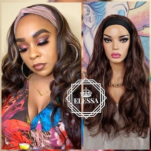Amazing Long Retro Wavy Hairstyle Wig with Headband Mix - Natural Brown and Honey Blonde Color, Wigs, Natural Wig, Wig for Everyday Wear