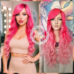 Fantastic Long Cute Curly Hairstyle Effect Gradient - Red / Bonbon Pink / Light Pink Color Wig with Bangs, Cosplay Wig, Doll Mermaid Wig