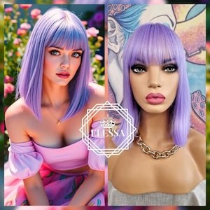Fantastic Medium Straight Bob Hairstyle Light Sweet Purple Color Wig with Bangs, Wigs, Fairy Wig, Kawaii, Cosplay, Gothic, Punk, Harajuku