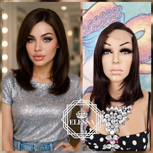 Beautiful Medium Straight Lace Front LUXURY Natural Dark Brown Color Wig with Side Bangs, Wigs,Natural Lace Wig, Retro Wig for Everyday Wear