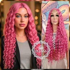 Beautiful Lace Front Long Cute Ariel / Wavy Hairstyle Rose Pink Color Wig, Lace Front Sweet Pink Mermaid Hair, Bonbon Girl , Doll Pink Wig