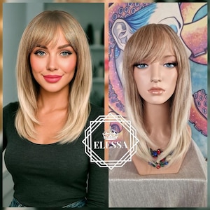 Incroyable balayage de coiffure moyennement raide - Perruque blonde naturelle et blonde claire de couleurs mélangées avec une frange, perruque mode catwalk pour reine