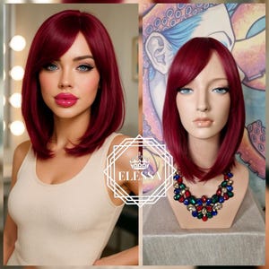 Cute Medium Straight Bob Hairstyle Raspberry Red Color Wig with Curtain Chic Bangs, Wigs, Natural Wig for Everyday, Performance Red Bob Wig