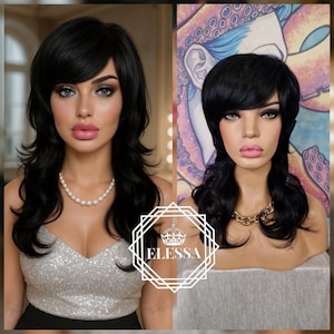 Incredible Retro Chic Mullet / Kefal 80-90s Curly Hairstyle Intensive Black Color Wig with Long Hairbangs, Modern Black Mullet Wig, Vintage