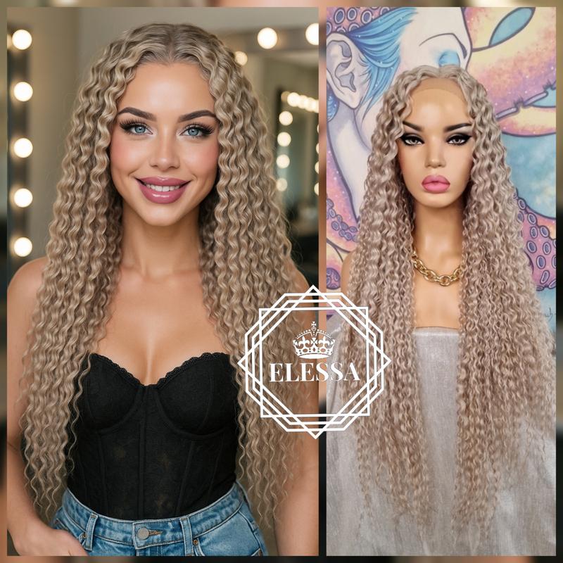 Unique Lace Front LUXURY Extra Long Goffered Afro Curly Hair Mixed - Silver Blonde / Ash Blonde Color Wig, Wigs, Natural Blonde Wig
