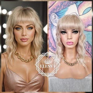 Retro Mullet Chic Medium Wavy Hairstyle Balayage - Natural Blonde and Light Blonde Mixed Color Wig, Wigs, Fashion Wig, Vintage Wig, Retro