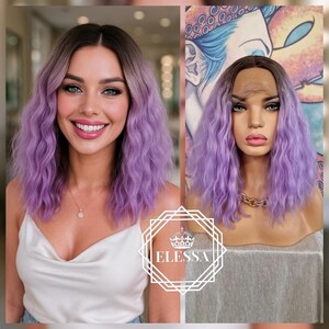 Coiffure moyenne ondulée lacet ombré sur le devant - racine de brun naturel et perruque de couleur violet pastel clair, perruque lolita, perruque gothique, fée pastel
