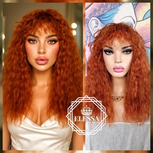 Wavy Copper Orange Titian Wig | Medium Length Synthetic Wig with Bangs | Retro-Inspired Vibrant Orange Wig | Merida Brave Vibes | Adjustable