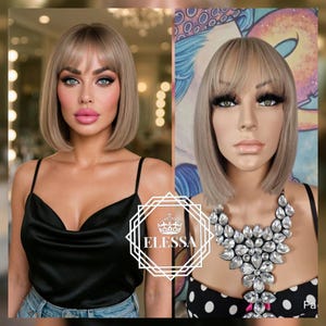 Medium Straight Bob Hairstyle Sand Mix - Ash Blonde / Natural Blonde Wig with Bangs, Wigs, Bob Wigs, Wigs for Women, Scene Wig, Fashion Wig