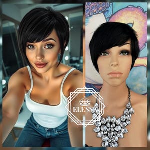 Sexy Short Pixie Hairstyle Natural Black Color Wig with Side Bangs, Wigs, Pixie Wigs, Emo, Gothic, Wig for Men, Unisex Wigs, Natural Wigs