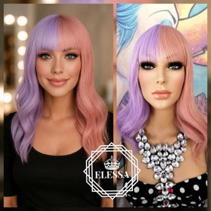 Cute Medium Split Dye Color Wig - Bonbon Light Pink and Pastel Lavender with Bangs, Wigs, Fairy Wig, Split Wigs, Kawaii , Pastel, Harajuku