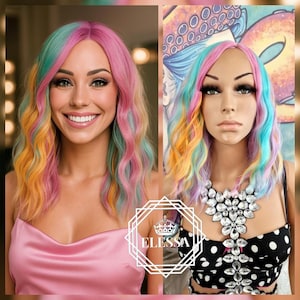 Super Sweet Unicorn Medium Wavy Hairstyle Rainbow Color Wig, Wigs, Scene Wig, Anime Wig, Kawaii Wig, Gothic , Halloween, Mermaid , Harajuki