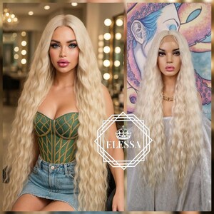 Lace Front LUXURY Extra Long Wavy Natural Light Blonde Color 100cm Wig, Wigs, Wig with Baby Bangs, Human Hair Look Wig, Sexy Blonde Doll